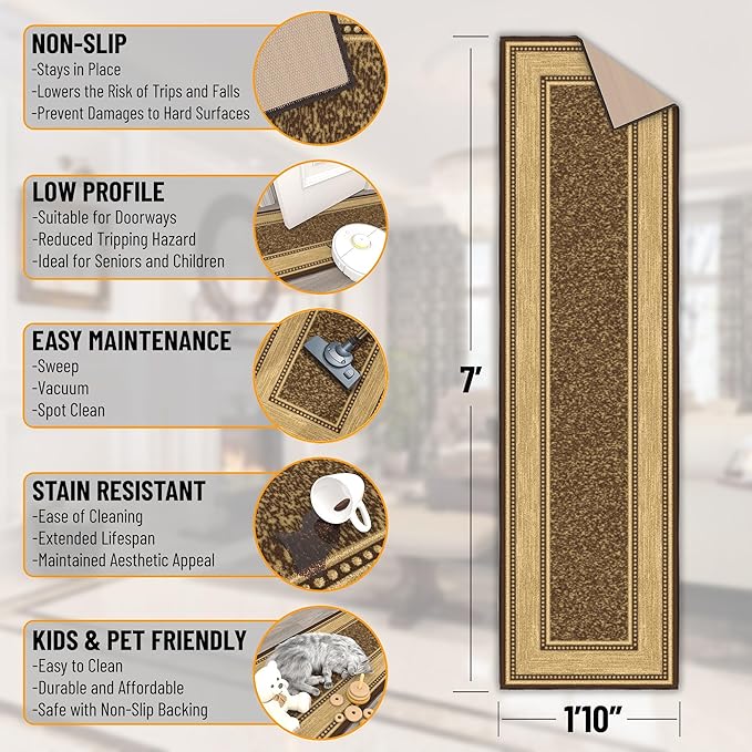 Ottomanson Hallway Runner Rug 1'10" x 7' Non Slip Border Area Rugs Easy to Clean Laundry Rug Runner Durable & Pet Friendly Floor Carpet Runners for Hallways Entryway Living Room Kitchen, Brown