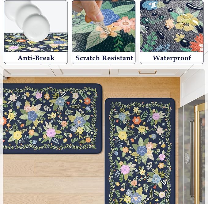 KIMODE Anti Fatigue Kitchen Mats for Floor, Farmhouse Rugs for Kitchen Floor, Cushioned Kitchen Floor Mat Non Slip, Comfort Standing Mat for Laundry Office Sink Desk Blue 17"x47"+17"x29"