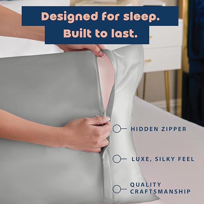 Satin Pillowcase with Zipper, for Hair and Skin Care, Feels Soft and Cool Like a Silk Pillowcase, Satin Pillow Cases 2 Pack, Slik Pillow Cover, Grey, Queen Size, Set of 2