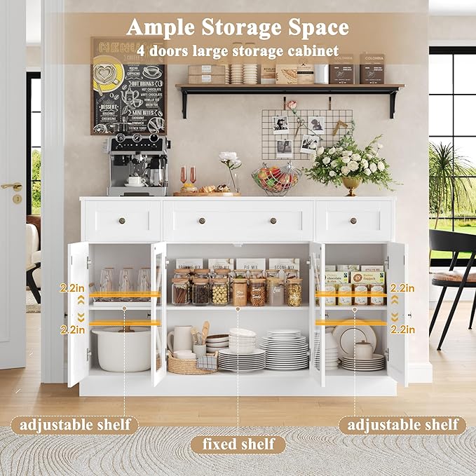Keyluv Buffet Sideboard 55" Large Storage Cabinet 4 Doors and 3 Drawers, Farmhouse Wooden Coffee Bar Space-Saved Cupboard Furniture for Dining Room, Kitchen, Living Room, White