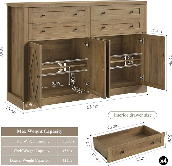 HOSTACK 55" Coffee Bar with 4 Large Drawers, 40" Tall Buffet Cabinet with Storage, Kitchen Storage Cabinet, Modern Farmhouse Sideboard Buffet, Adjustable Shelves for Living Room, Rustic Brown