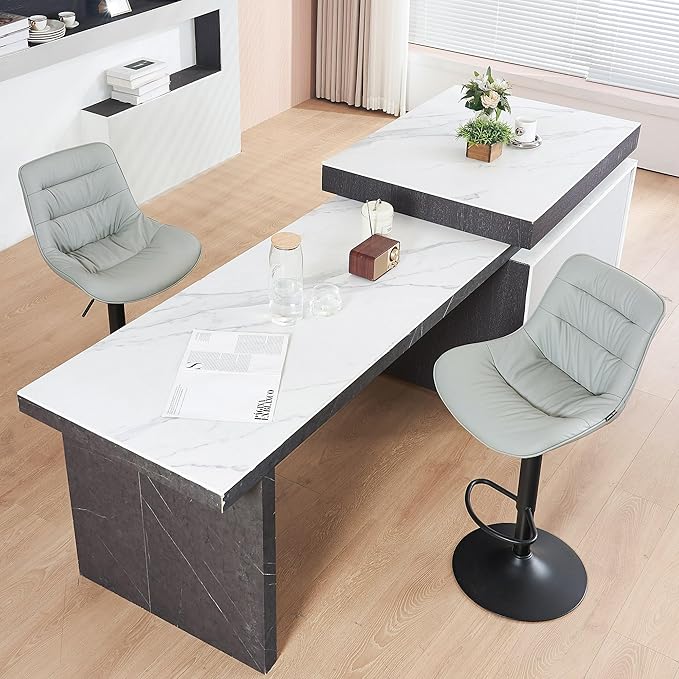 Kidol & Shellder Bar Stools Set of 2 Adjustable Swivel Gray, PU Leather Upholstered with Back, Modern Counter Height Stools for Kitchen Island, Home Bar