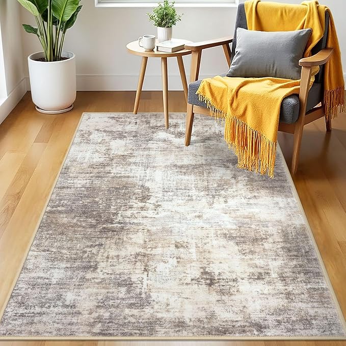 IOHOUZE Abstract Area Rug 3x5 Ft Washable Rugs for Entryway Indoor, Non Slip Kitchen Rug Printed Faux Wool Throw Rugs, Indoor Door Mat for Door Entrance Foyer Living Room, Beige Brown