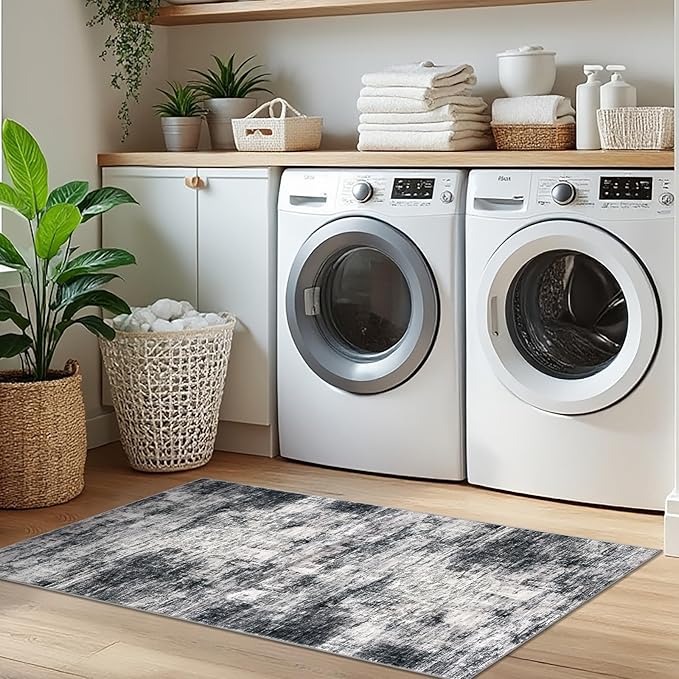 IOHOUZE Abstract Runner Rug 2x5 Ft Washable Runners for Hallways, Non Slip Kitchen Runner Printed Faux Wool Entryway Runner Indoor, Modern Abstract Floor Carpet for Hall Kitchen Bedroom, Black Grey