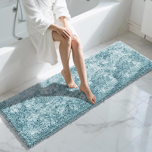 Yimobra Long Bathroom Rugs Runner 70x24 Inch, Extra Thick Soft Absorbent Chenille Bath Mat, Non Slip Machine Washable, Quick Dry Bath Rugs for Bathroom Floor, Tub and Shower, Greyish Blue