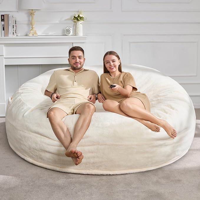 Hobestluk 6ft Bean Bag Chairs for Adults Large Beanbag Chair with Plush Faux Fur Cover Big Bean Bag Chair for Living Room Bedroom Dorm Office - White (70" x 70" x 15")