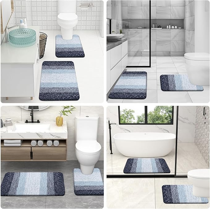 OLANLY Bathroom Rug Set 2 Piece, Soft Absorbent Microfiber Bath Mats and U-Shaped Contour Toilet Rug, Non-Slip, Machine Wash Dry, Plush Shaggy Bath Mats for Bathroom (24"x16"+24"x20", Dark Blue)