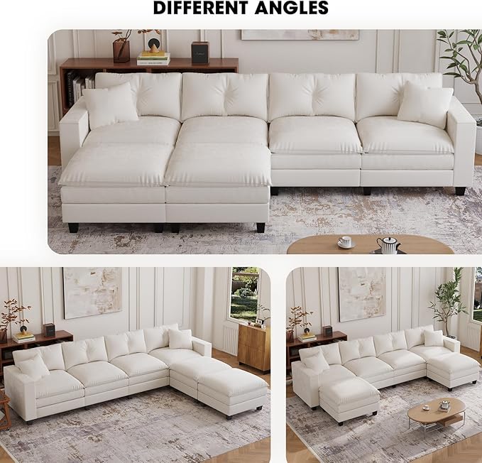 137",U Shaped Couch,Modern Modular Sectional Sofa, 4-Seater Comfy Cloud Couch with Two Movable Ottoman & Throw Pillows for Living Room, Bedroom and Apartment, Beige