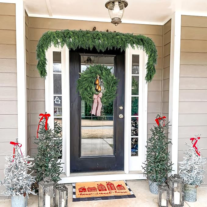 Hananona 6 FT 2 Pcs Artificial Cedar Garlands, Real Touch Winter Cedar Garland, Green Artificial Greenery Pine Garland for Table, Mantle, Wall, Indoor, Outdoor Christmas Decorations (2, 6 FT)