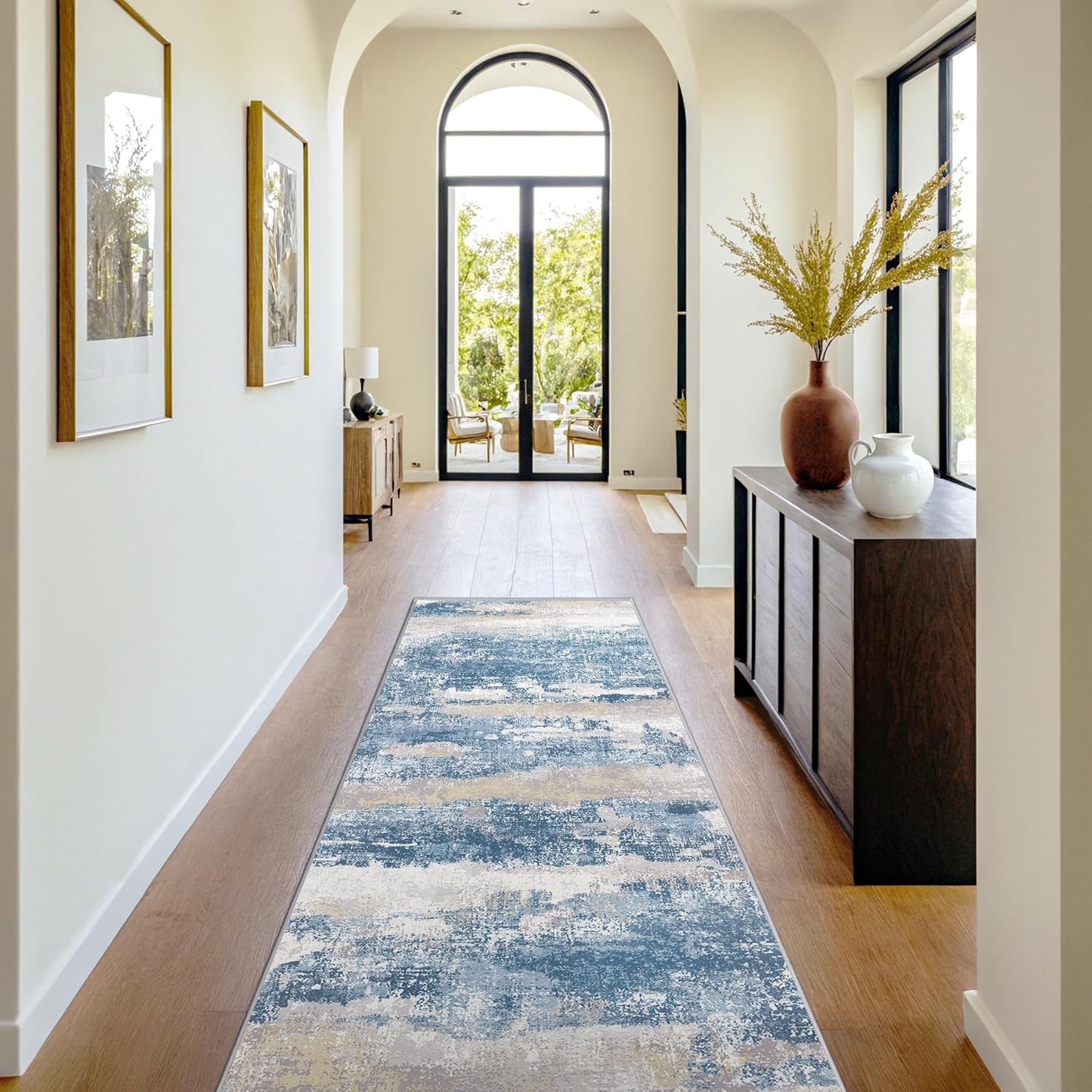 Runner Rug for Hallway Kitchen 2x8 Machine Washable Runners Rug for Entryway, Blue Cream Soft Modern Abstract Throw Rugs, Floor Carpet with Non Slip Rubber Backing