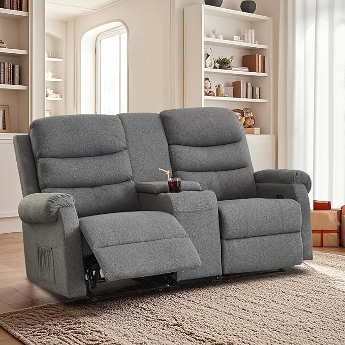 Loveseat Reclining Sofa, Home Theater Seating with Center Console, RV Recliner Sofa with Cup Holders and Pockets, Manual Double Seater Recliner for Living Room, Motor Home (Linen Grey)