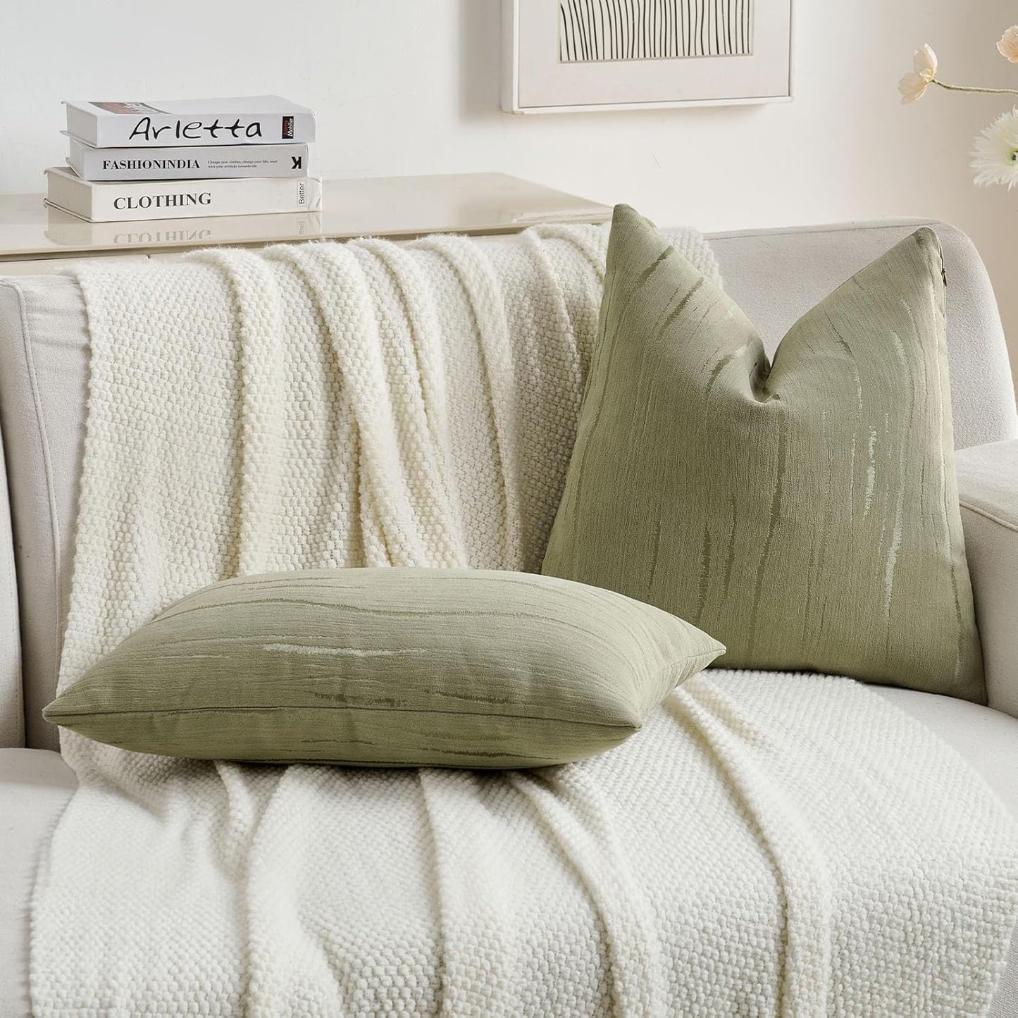 FUTEI Olive Green Chenille Decorative Throw Pillow Covers 16x16 Inch Set of 2,Soft Embossed Striped Textured Cushion Case,Modern Home Decor for Couch Bed Living Room