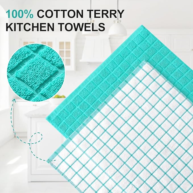 Homaxy Premium Cotton Kitchen Towels 16"x 28", Large Natural Ring Spun 390 GSM Dish Towels, Super Absorbent Terry Kitchen Hand Towels, Soft Tea Towel with Hanging Loop, Aqua Check Design, 6 Pack