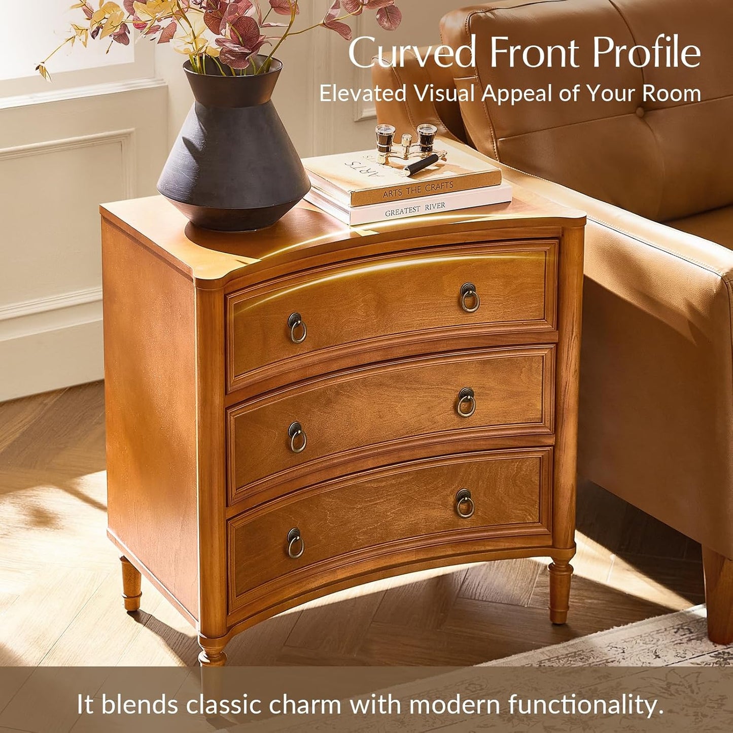 HULALA HOME 3 Drawer Nightstand with Charging Station, 26" Wide Nightstand with Solid Wood Legs and Curved Profile, Classic Bedside Table for Living Room Bedroom, Acorn