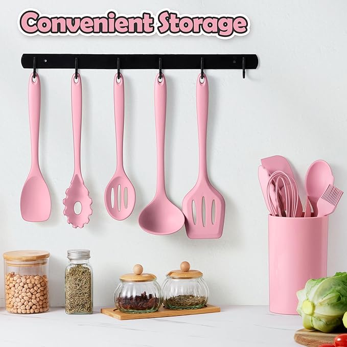 LIANYU 14 Pcs Kitchen Utensils Set, Silicone Cooking Utensils Spatula Set with Holder, Heat Resistant Cookware Tools Includes Spoon Turner Whisk Tong, Dishwasher Safe, Pink