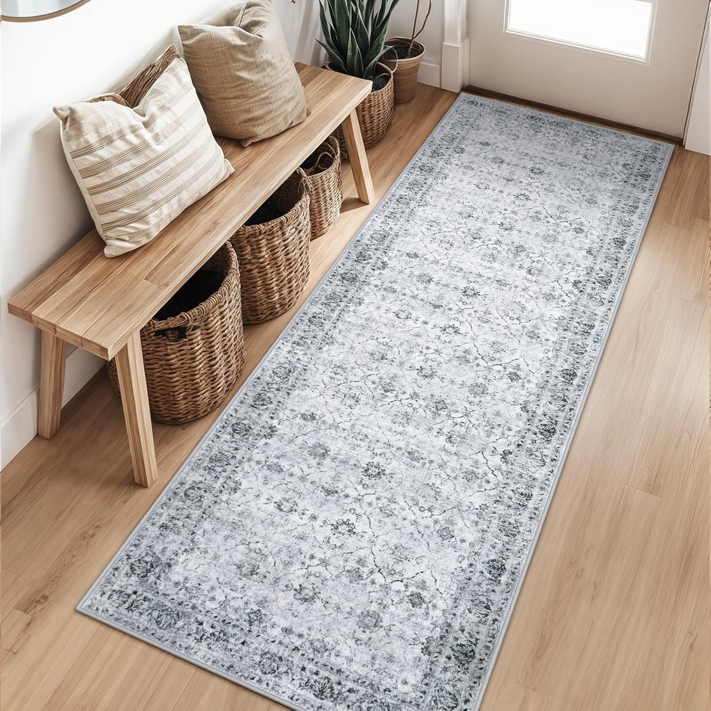 Vintage Kitchen Runner Rug, 2x6 Ultra-Thin Rug Runners for Hallways Non Slip Washable Runner, Stain Resistant Bathroom Runner Rugs for Bedroom Laundry Room Entryway (2'x6', Grey)