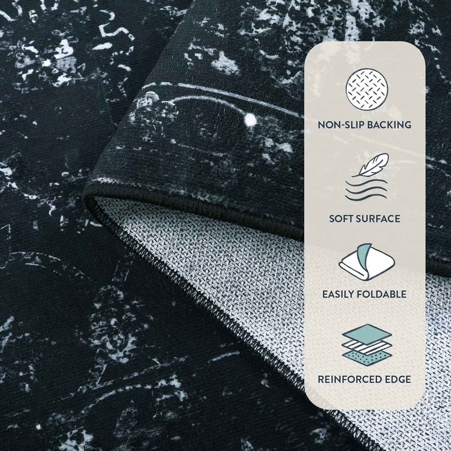 Vintage Washable Black Rugs for Bedroom, Ultra-Thin Soft 6x9 Area Rugs for Living Room Non Slip, Stain Resistant Boho Carpet Rug for Dining Room Office (6'x9', Black)