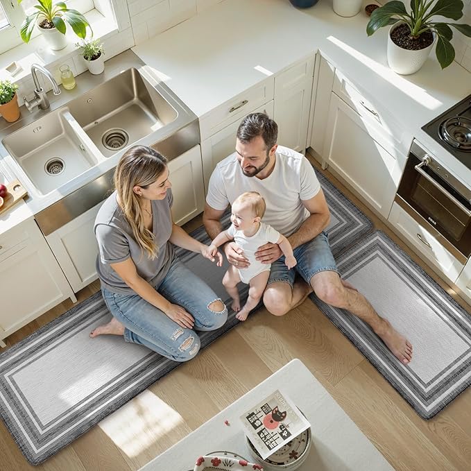 KIMODE Anti Fatigue Kitchen Mats for Floor 2 Piece, Cushioned Farmhouse Kitchen Rugs, Non Slip Kitchen Floor Mats, Comfort Foam Standing Desk Mats for Laundry Office Sink Grey 20"x71"+20"x32"