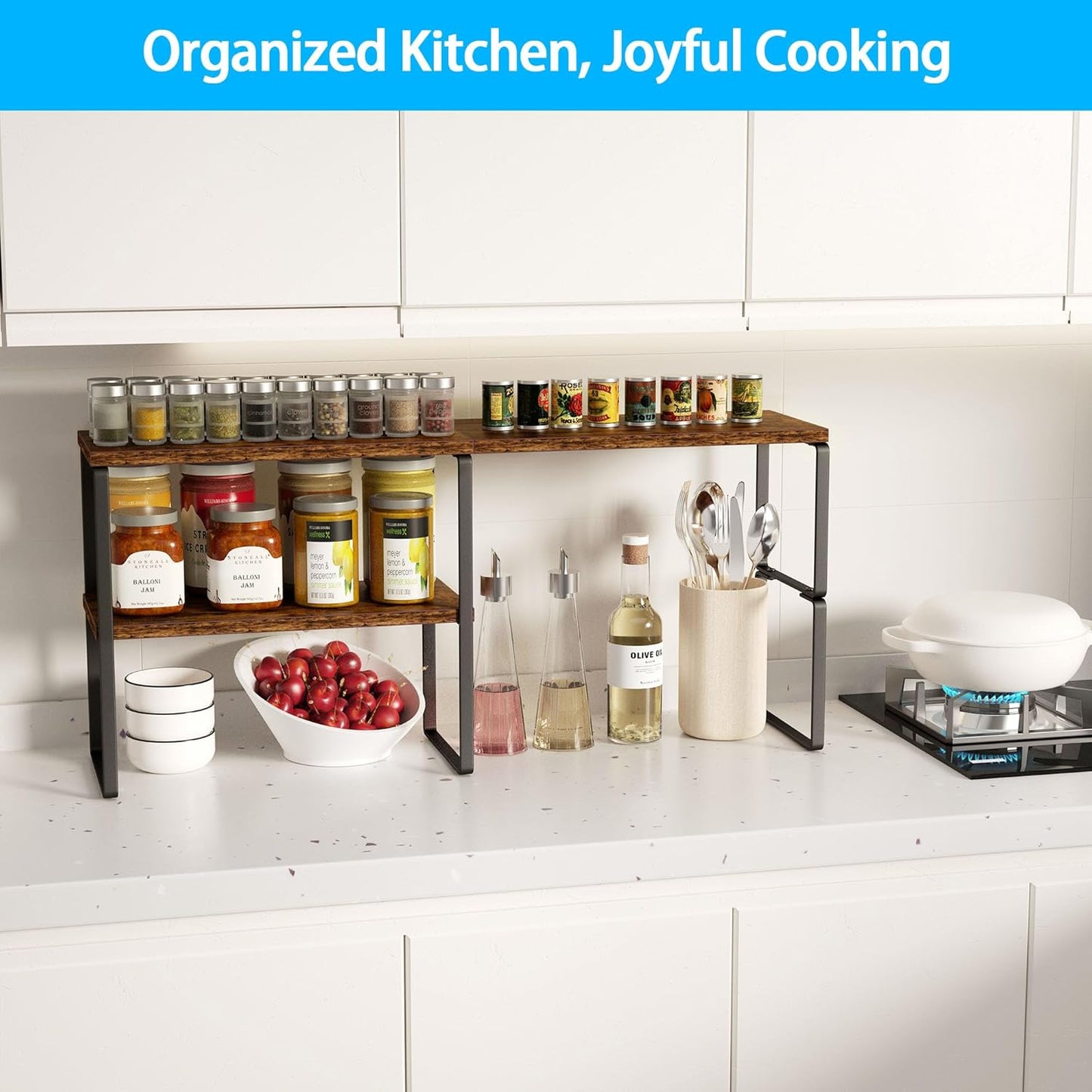 Large Countertop Organizer Corner Shelf, 2 Tier Adjustable Stackable Corner Shelves for Kitchen, Bathroom, Spice Rack, Coffee Area, Over Sink, Dresser Table, Corner Counter Shelf Stand, Rustic Brown