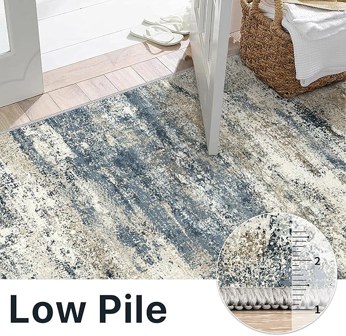 Machine Washable Rug 9x12 Area Rugs for Living Room Bedroom, Large Navy Blue Beige Abstract Area Rug Soft Throw Rugs, Low-Pile Floor Carpet with Non Slip Rubber Backing