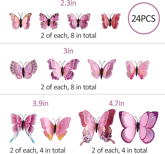 24PCS Butterfly Wall Decals Removable 3D Butterflies Decor for Wall Sticker Mural Stickers Home Decoration Kids Room Bedroom Decor (Double Layer-Pink/24PCS)