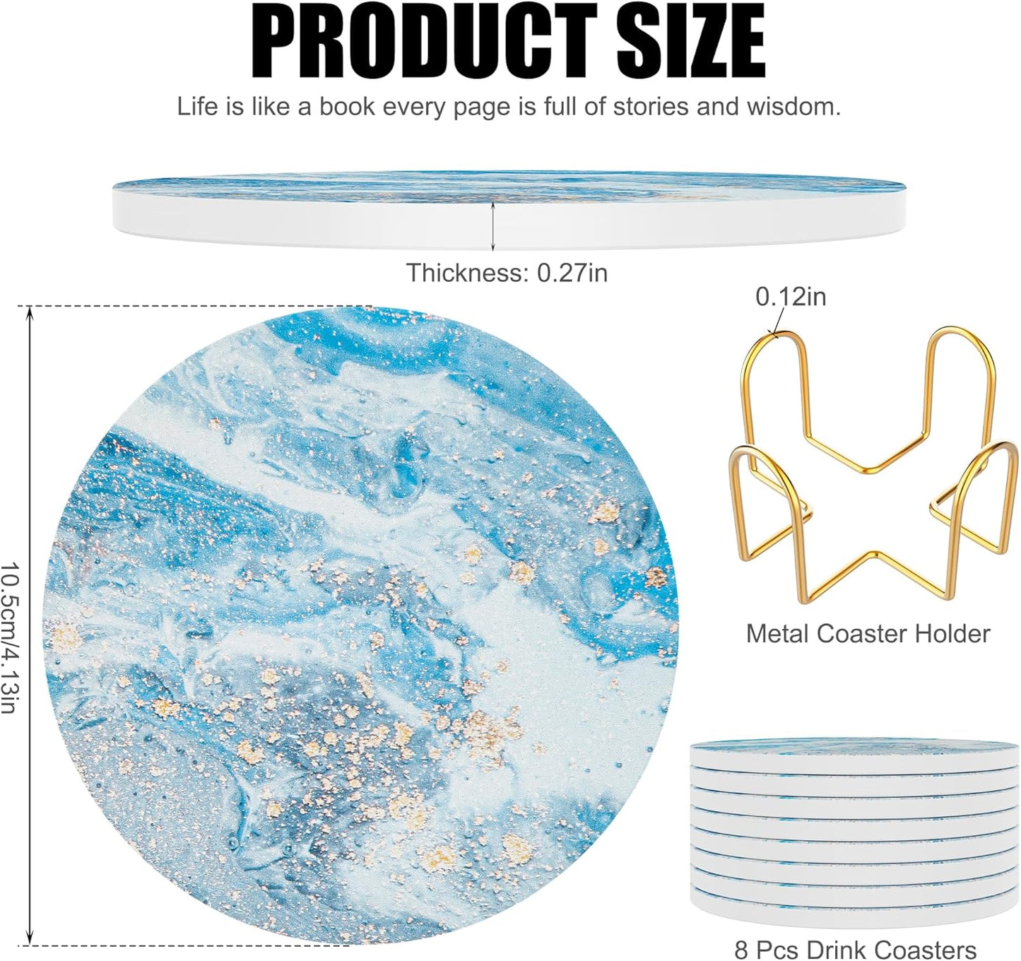 Coasters for Drinks Set of 8, Absorbent Mountainous Region Marble Style with Metal Golden Holder, Ceramic Coaster Set Cup Mat for Home Decor, Bar, Kitchen, Party