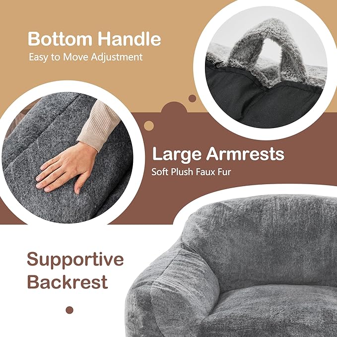 Homguava Bean Bag Chair Bean Bag Chairs for Adults Comfy Beanbag Chair with Spacious Design Oversized Bean Bag Sofa with Armrest Giant Bean Bag Chair with Filler for Living Room Bedroom (Grey)