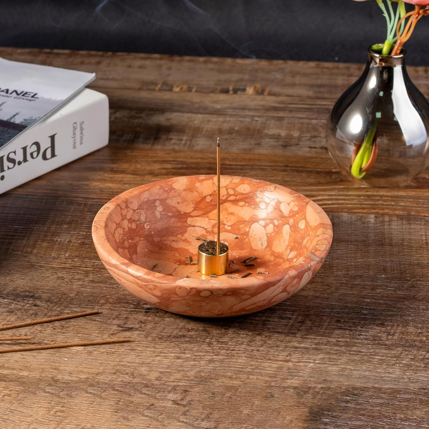 Koville Natural Marble Incense Holder, Incense Holder for Sticks with 9 Holes, Handmade Incense Burner Ash Catcher for Meditation Yoga SPA, Balsam Fir/Palo Santo/Sage/Cone (Red)