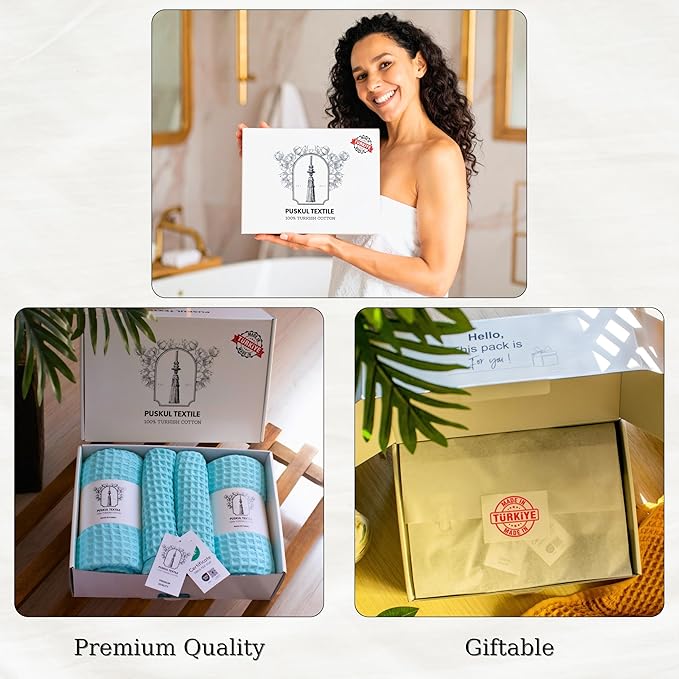 Püskül - Luxury Waffle Towel Set for Bathroom 4 Pieces Turquoise Blue, Premium Quality Organic 100% Turkish Cotton 2 Hand and 2 Bath Towels, Quick Dry Thin Waffle Towels, Made in Turkiye (Turquoise)