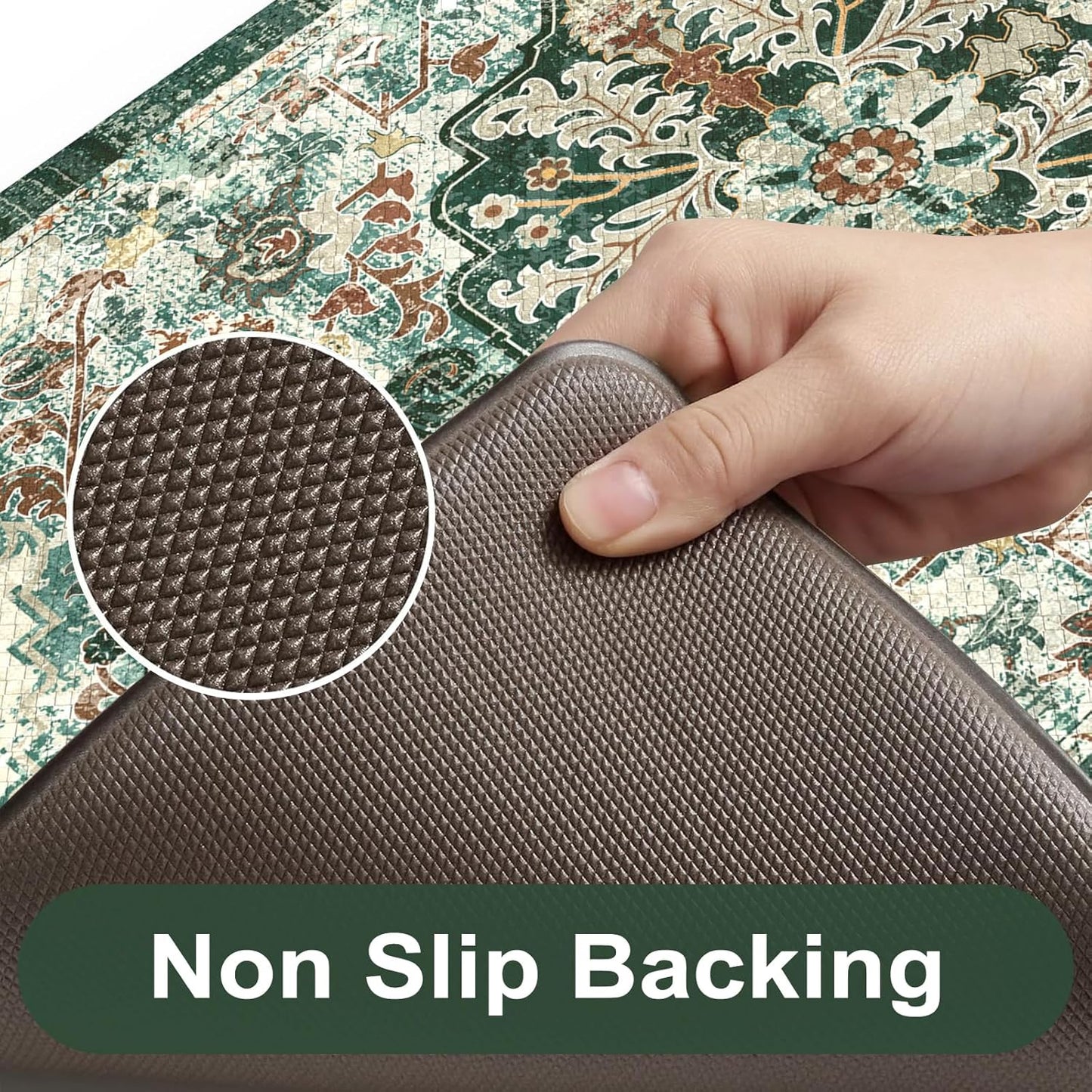 KIMODE Kitchen Mats Cushioned Anti Fatigue, Boho Oriental Kitchen Rugs 17"x47"+17"x29", Non Slip Kitchen Mats for Floor, Padded Kitchen Floor Mats for Sink Laundry Office Desk Green Multi