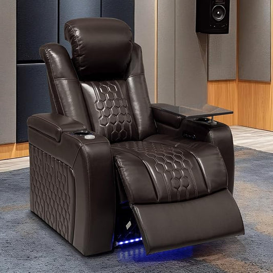 Home Theater Seating, Living Room, Powered Headrest, Powered Lumbar, Italian Leather, Powered Recline, Single Recliner (Coffee Color, Row of 1)