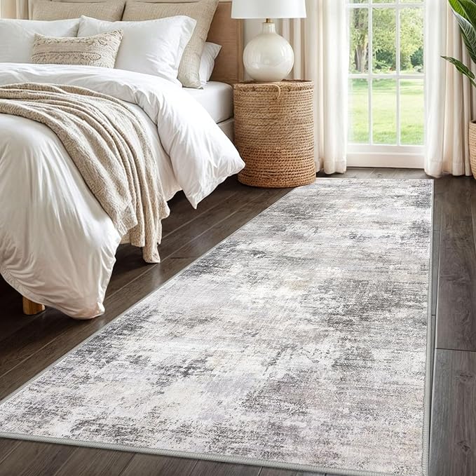 IOHOUZE Abstract Runner Rug 3x8 Ft Washable Runners for Hallways, Non Slip Kitchen Runner Printed Faux Wool Entryway Runner Indoor, Modern Abstract Floor Carpet for Hall Bedroom, Grey Beige