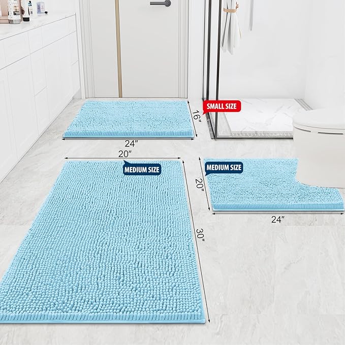 Smiry Luxury Chenille Bathroom Rugs 30x20, Extra Soft and Absorbent Shaggy Bath Mat, Machine Washable, Non-Slip Plush Carpet Runner for Tub, Shower, and Floor, Home Decor Accessories, Sky Blue