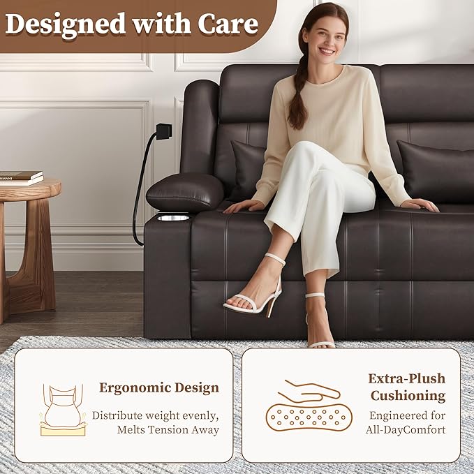 Home Theater Seating，RV Reclining Sofa Set with Adjustable Headrest， Recliner Sofa with Heat and USB&Type-C, Dawer & Cup Holders, 150° Recline for RV & Living Room(Loveseat Brown)