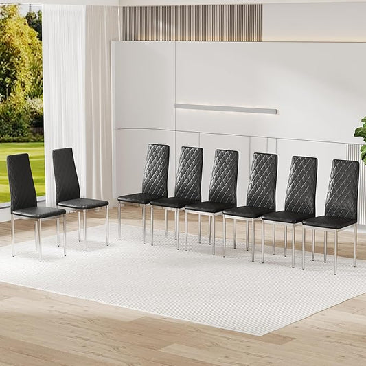 JT Modern Minimalist Dining Chair Fireproof Leather Sprayed Metal Pipe Diamond Grid Pattern Restaurant Home Conference Chair Set of 4 Or 6 (8, Black)