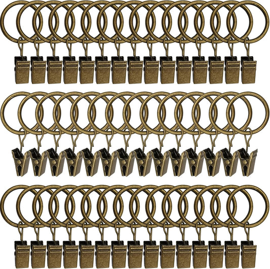 44 Pack Metal Curtain Rings with Clips, Drapery Clips with Rings, Drapes Rings 1 inch Inner Diameter, Fits Diameter 5/8 inch Curtain Rods, Vintage Bronze