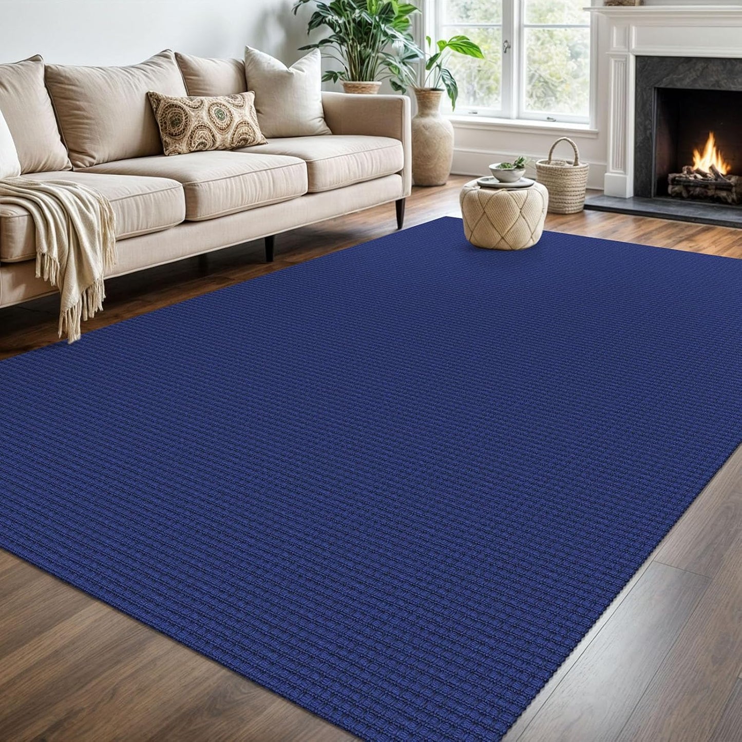 KOZYFLY Washable Area Rug 6x9 ft Rubber Backed Non Slip Rugs for Living Room Braided Cotton Bedroom Rug Woven Office Rugs Indoor Floor Carpets for Dining Bedroom Living Room, Royal Blue/Navy