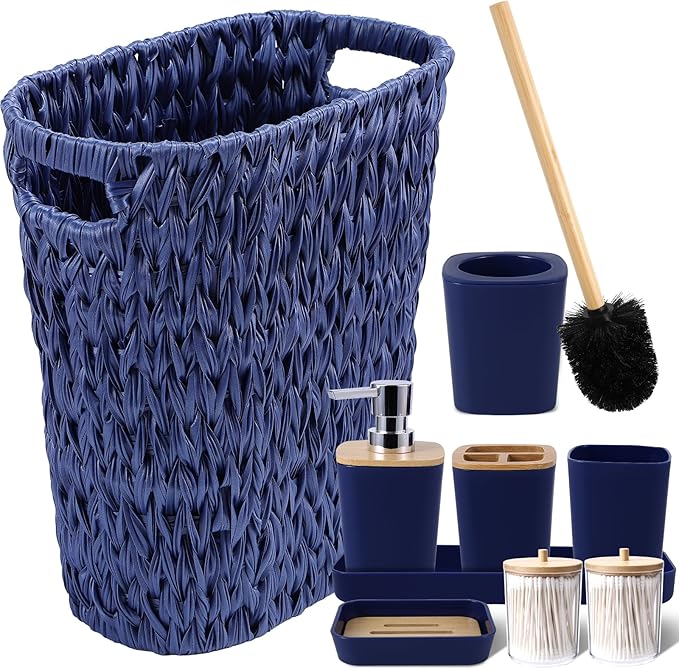 Navy Blue Bathroom Accessories Set with Wicker Trash Can, Navy Blue Bathroom Accessories Set Bathroom Sets Small Waste Basket Bathroom Trash Can for Bedroom Bathroom