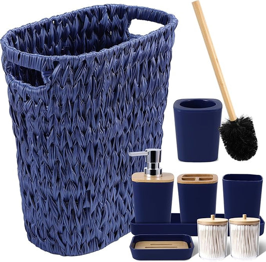 Navy Blue Bathroom Accessories Set with Wicker Trash Can, Navy Blue Bathroom Accessories Set Bathroom Sets Small Waste Basket Bathroom Trash Can for Bedroom Bathroom