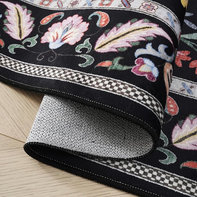 Runner Rug Washable Kitchen Runner 2'x6' Rug Floral Non-Slip for Entryway Indoor Soft Carpet for Hallways, Kitchen, Laundry, Bedroom, Bathroom (Vibrant Black)
