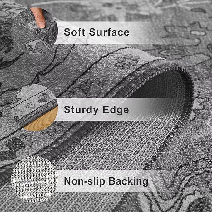 Vasofe 4x6 Rug for Bedroom, Washable Living Room Rugs for Dining Room, Black Indoor Floor Mat, Vintage Floral Mats for Home Decor, Farmhouse, Laundry Room, Non Slip Low Pile Soft Modern Carpet