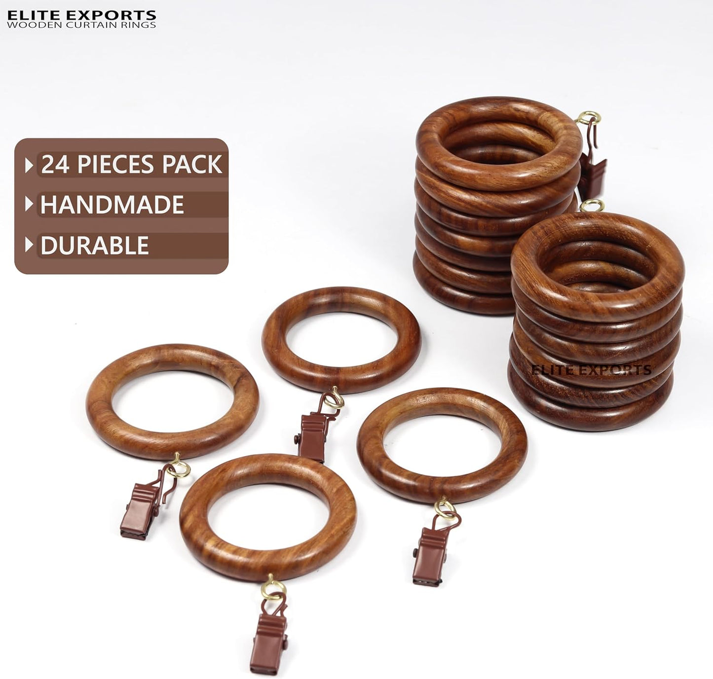 24 Pcs Curtain Rings with Clips Wooden, 2.5 inch for 1-1.5 inch Rod, Window Shower Curtain Hooks, Wood Curtain Rod Wood Curtain Rings with Eyelet, Drapery Rings, (24, 1.75 INCH Inner Dia)