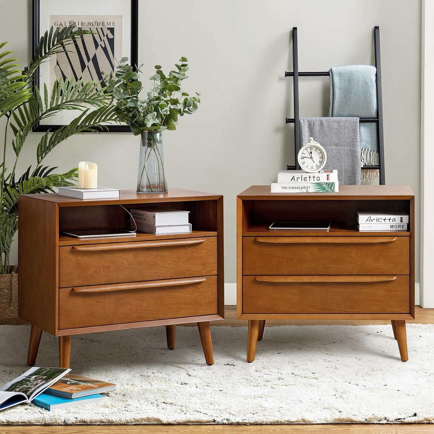 HULALA HOME Nightstand with Charging Station, Set of 2 Mid-Century Modern 2 Drawer and Open Shelf Dresser for Bedroom, Fluted Bedside Table, Acorn
