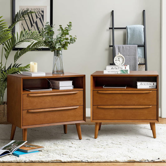 HULALA HOME Nightstand with Charging Station, Set of 2 Mid-Century Modern 2 Drawer and Open Shelf Dresser for Bedroom, Fluted Bedside Table, Acorn