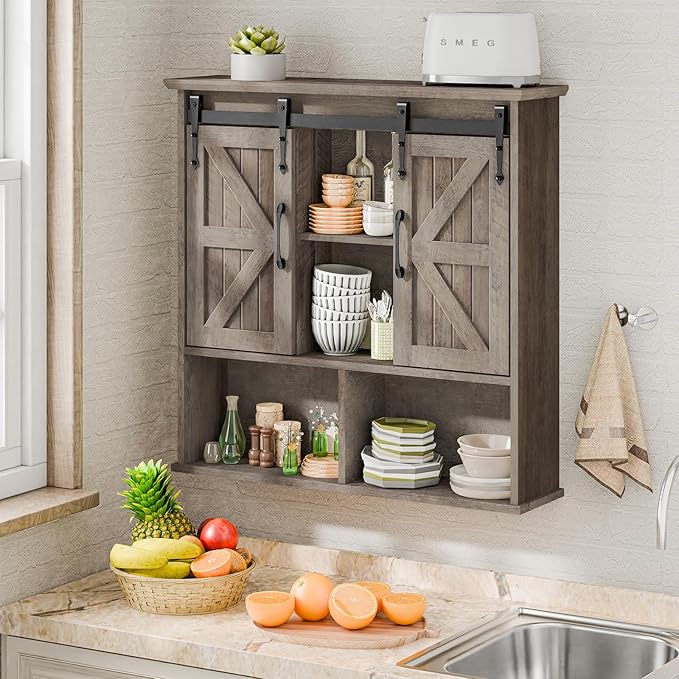 Vabches Bathroom Wall Cabinet, Farmhouse Wooden Medicine Cabinet with Double Sliding Barn Door and Adjustable Shelves, Farmhouse Storage Cabinet Wall Mounted for Bathroom, Kitchen Dining, Washed Oak