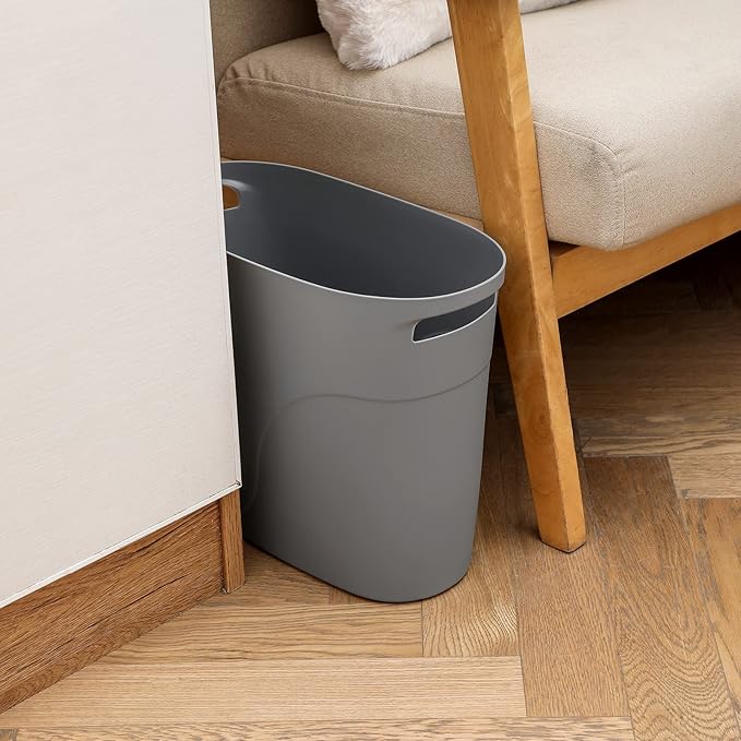 JiatuA Plastic Small Trash Can Slim Waste Basket with Handles 3.2 Gallon Narrow Garbage Container Bin for Bathroom, Bedroom, Kitchen, Home Office Under Desk, Dorm, Laundry Room, Kids Room, Grey