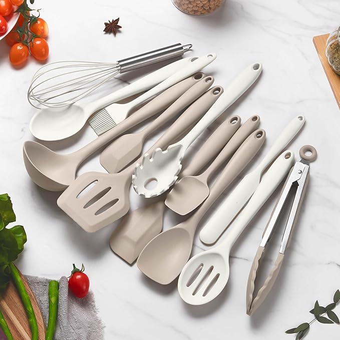 LIANYU Kitchen Utensils Set with Holder, 14 Pcs Silicone Cooking Utensils Spatula Set, Heat Resistant Cookware Tools Includes Spoon Turner Whisk Tong, Dishwasher safe, Khaki White