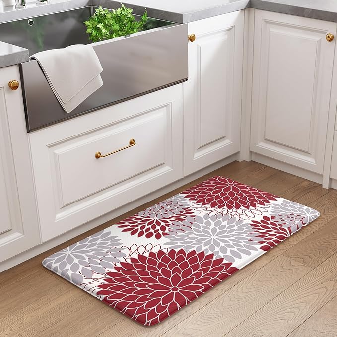 KIMODE Anti Fatigue Kitchen Mat 17.3"x29", Farmhouse Padded Kitchen Floor Mats Non Slip, Waterproof Kitchen Mat for Floor, Comfort Standing Mat for Laundry, Office, Sink, Desk Red and Grey