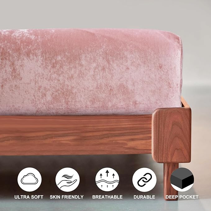 PHF Truly Velvet Fitted Sheet Only King Size, Luxury Super Soft Cozy Fuzzy Fleece Bottom Sheet, Deep Pocket Up to 16",Strenghth Elastic Band, Suitable for Fall Winter Spring, No Pillowcases, Pink