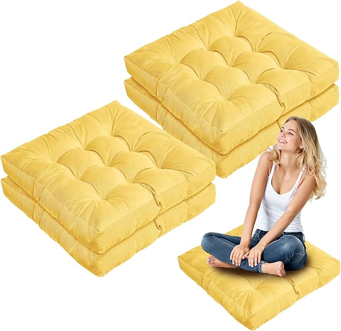 Jerify 4 Pcs Floor Pillow Cushions 22 x 22 Inch Round Square Large Meditation Floor Pillow for Classroom Adult Meditation Picnic Party Cushion for Seating Gift Christmas(Yellow,Square)